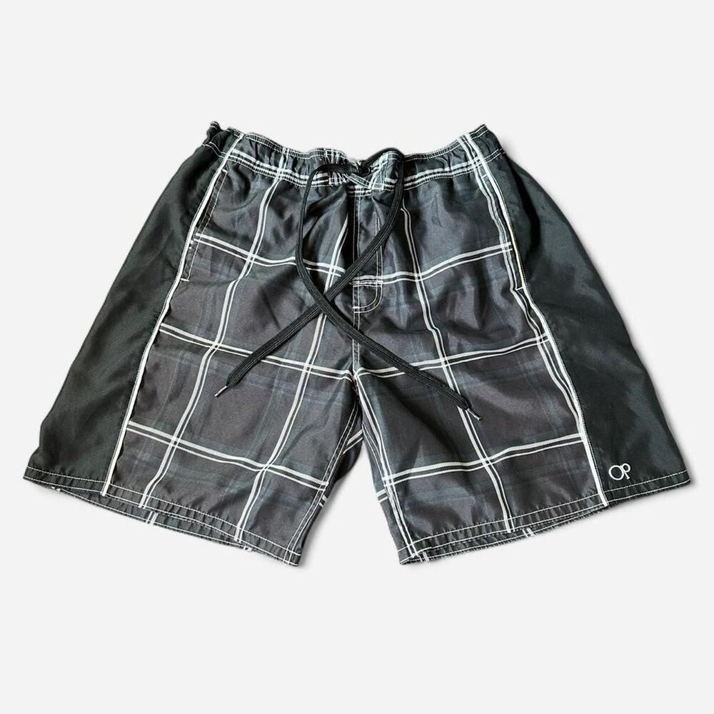 Ocean Pacific OP VTG Y2K Insane Plaid Striped Surfwear Swim Trunks
